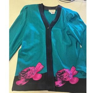Anthony Sicari Vintage Teal Black Pink Floral Knit Cardigan Sweater Womens 16